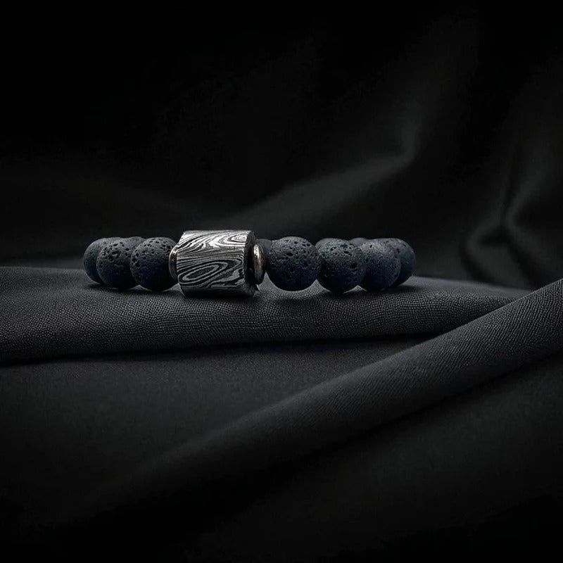 Lava Stone Bead Bracelet with Damascus Steel Barrel – Handmade Healing Jewelry with Gift Box.