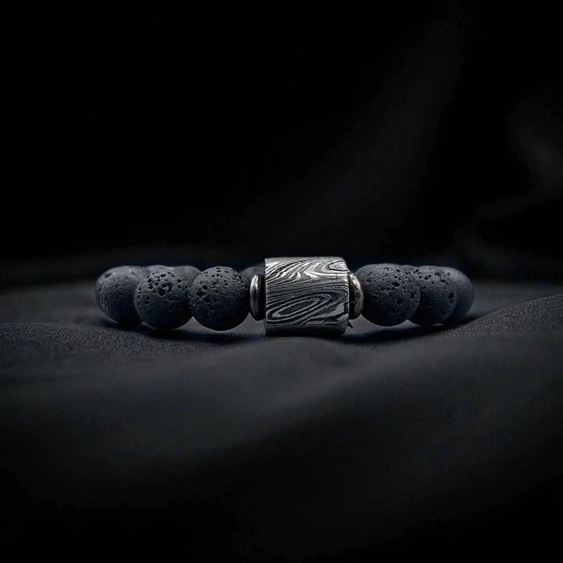 Lava Stone Bead Bracelet with Damascus Steel Barrel – Handmade Healing Jewelry with Gift Box.