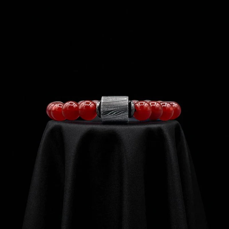 Red Jasper Bead Bracelet with Damascus Steel Barrel – Handmade Gemstone Jewelry with Gift Box.