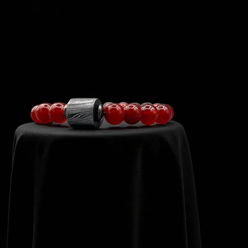 Red Jasper Bead Bracelet with Damascus Steel Barrel – Handmade Gemstone Jewelry with Gift Box.