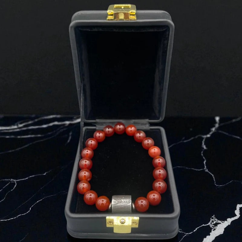 Red Jasper Bead Bracelet with Damascus Steel Barrel – Handmade Gemstone Jewelry with Gift Box.