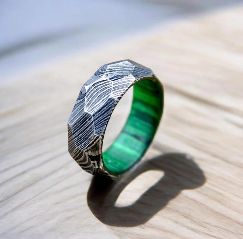 Rock Hammered Damascus Steel Wedding Band with Wood Inlay