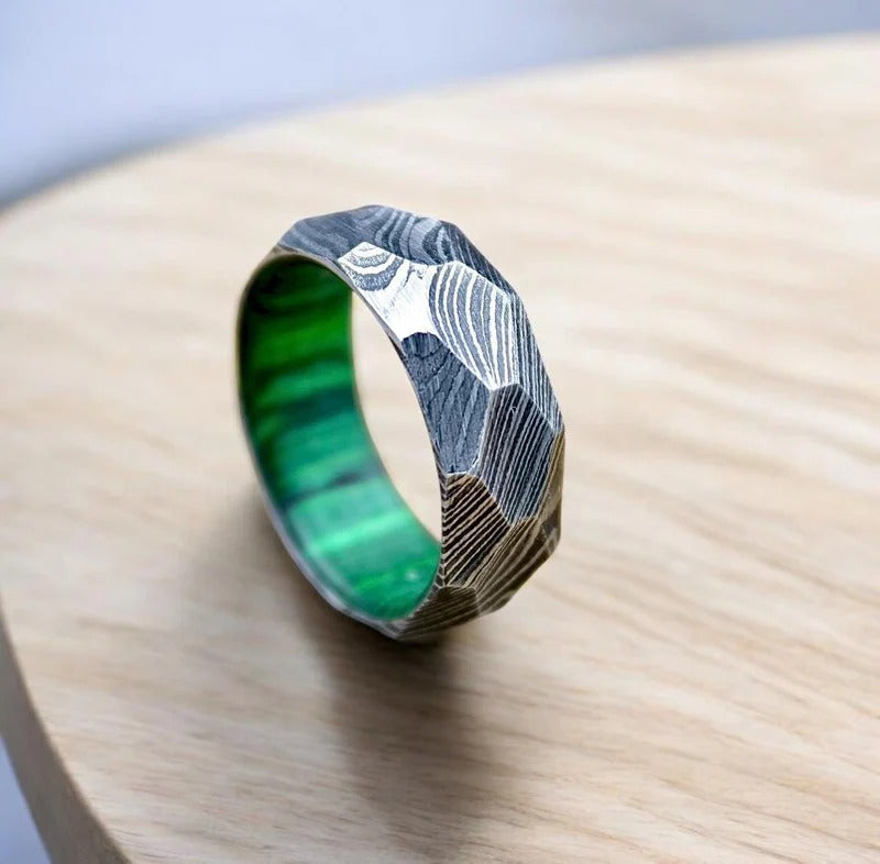 Rock Hammered Damascus Steel Wedding Band with Wood Inlay