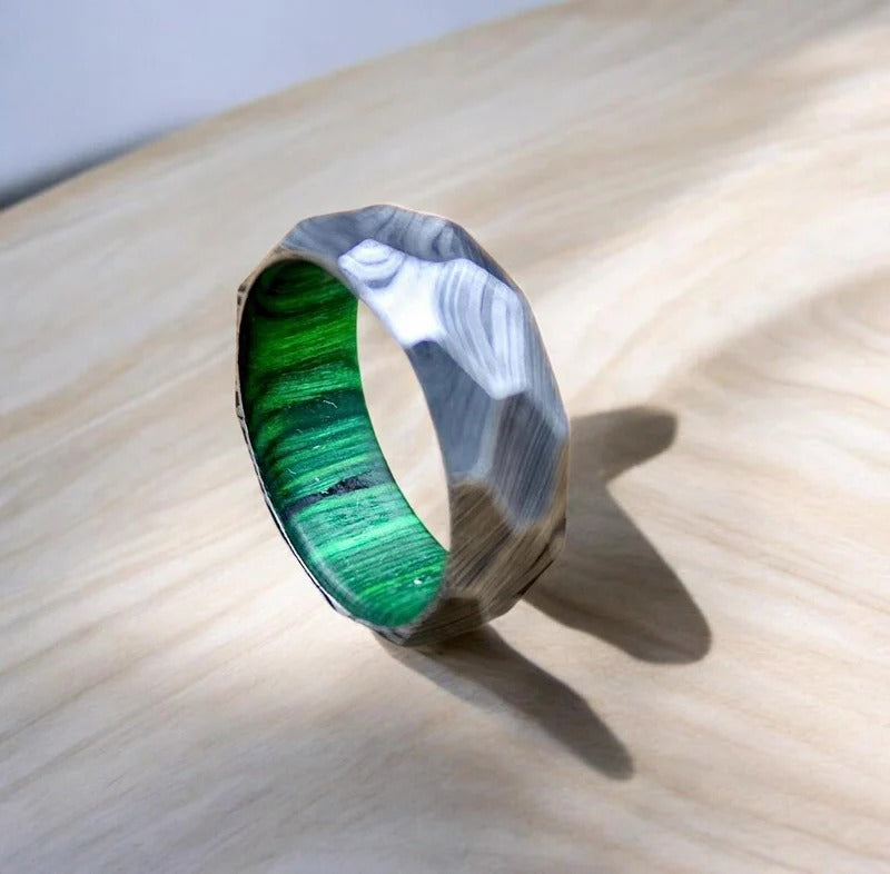 Rock Hammered Damascus Steel Wedding Band with Wood Inlay