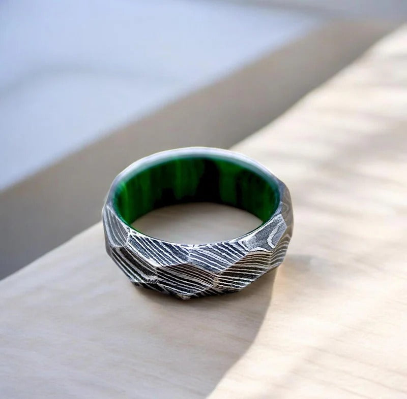 Rock Hammered Damascus Steel Wedding Band with Wood Inlay