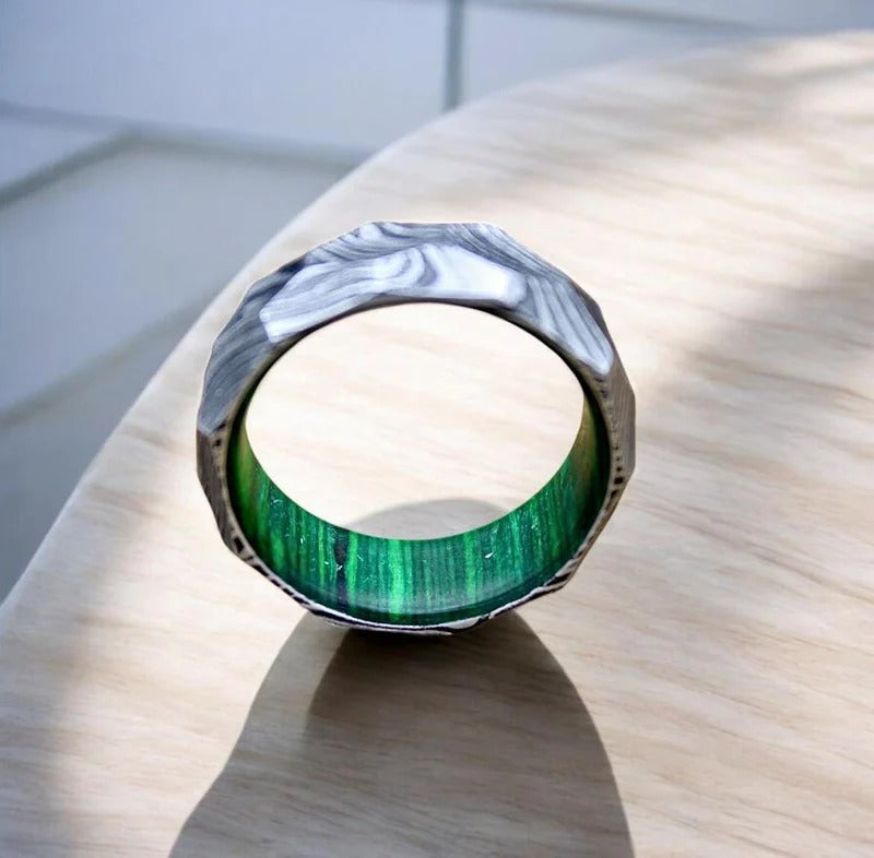 Rock Hammered Damascus Steel Wedding Band with Wood Inlay