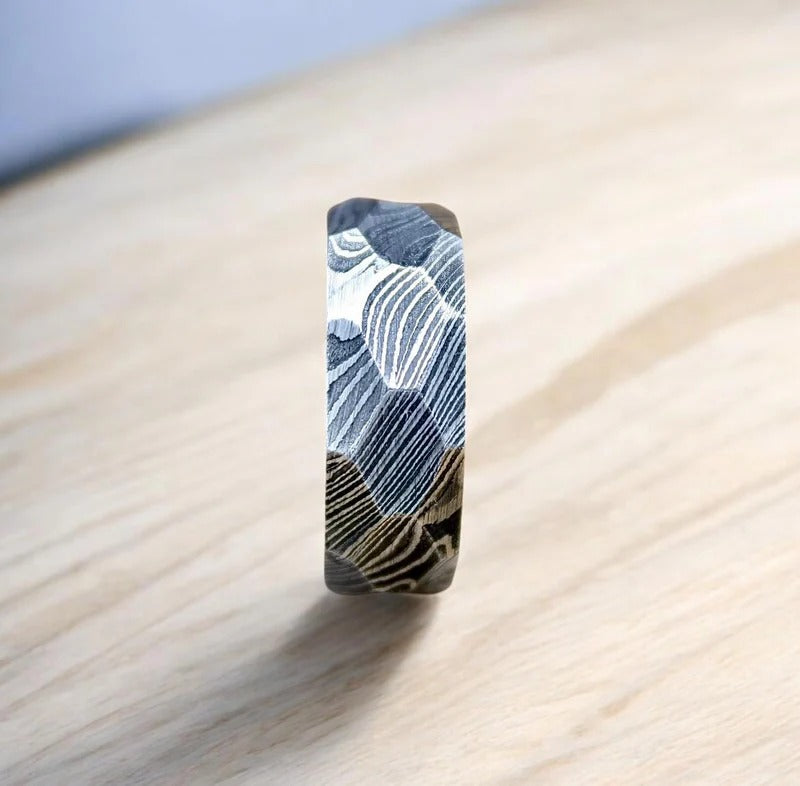 Rock Hammered Damascus Steel Wedding Band with Wood Inlay