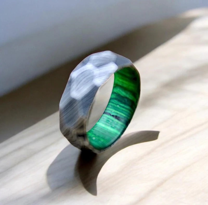 Rock Hammered Damascus Steel Wedding Band with Wood Inlay