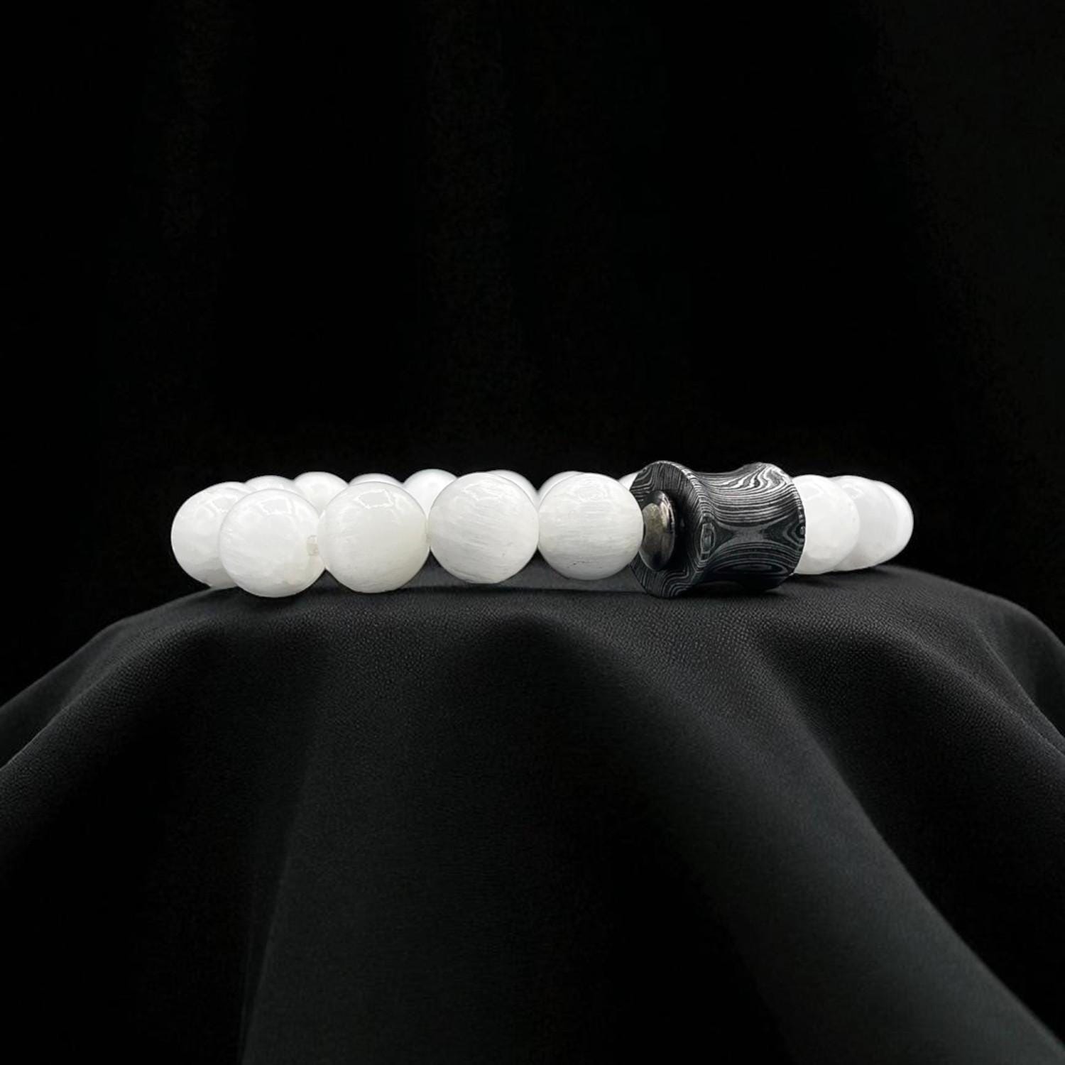 Selenite Bead Bracelet 10mm with Damascus Steel Barrel – Healing Crystal Jewelry with Gift Box.