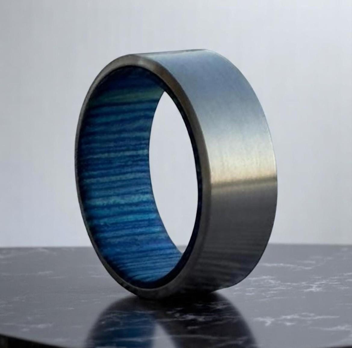 Blue Wood Inlay Titanium Ring: Handmade Brushed Silver Wedding Band