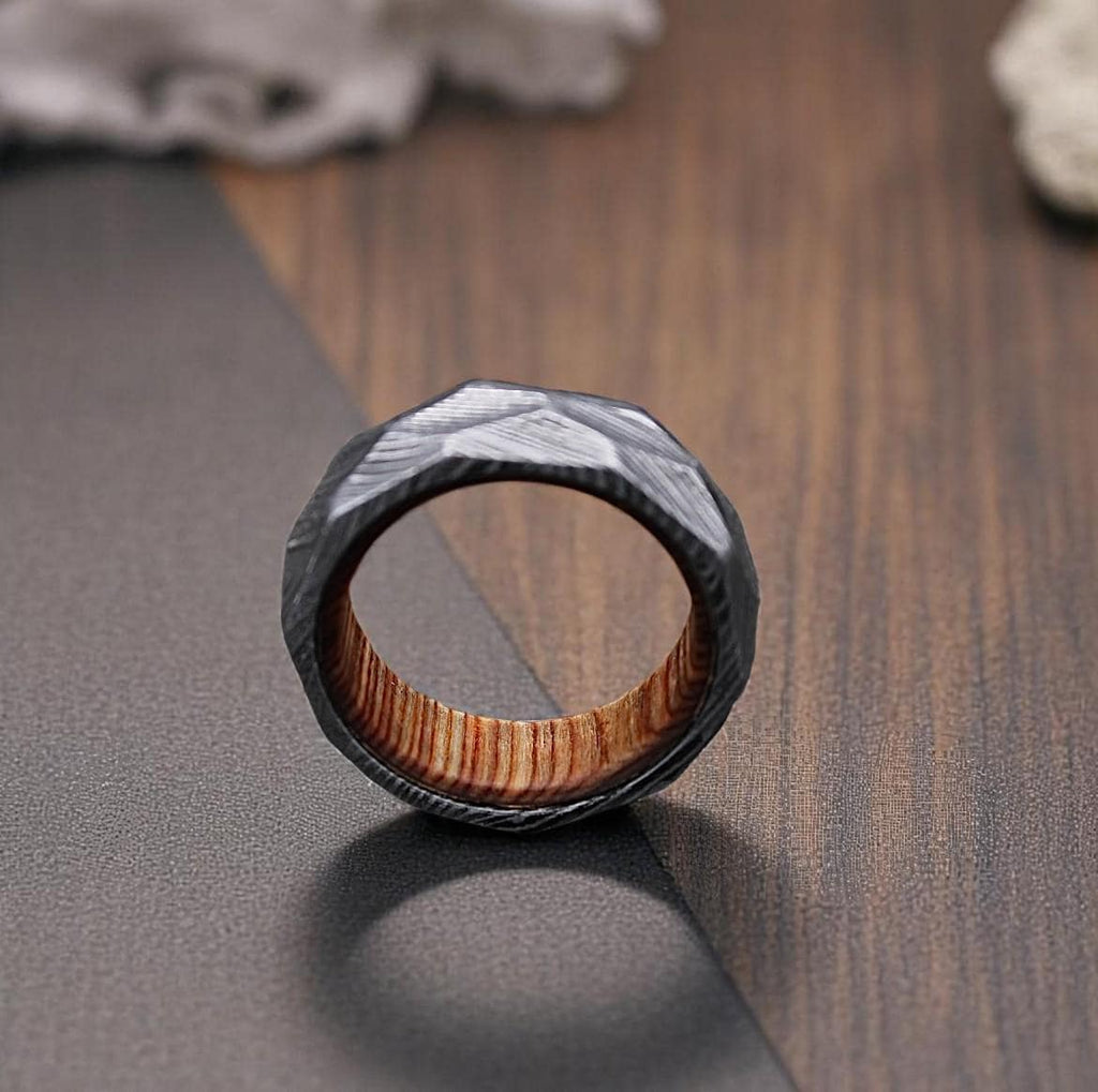 Twist Damascus Steel Ring: Rock Hammered Wedding Band