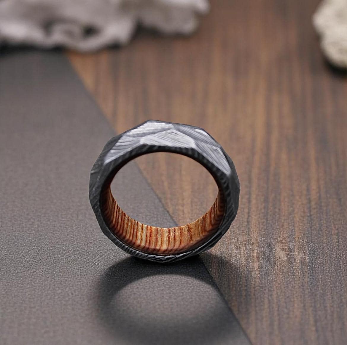 Twist Damascus Steel Ring: Rock Hammered Wedding Band