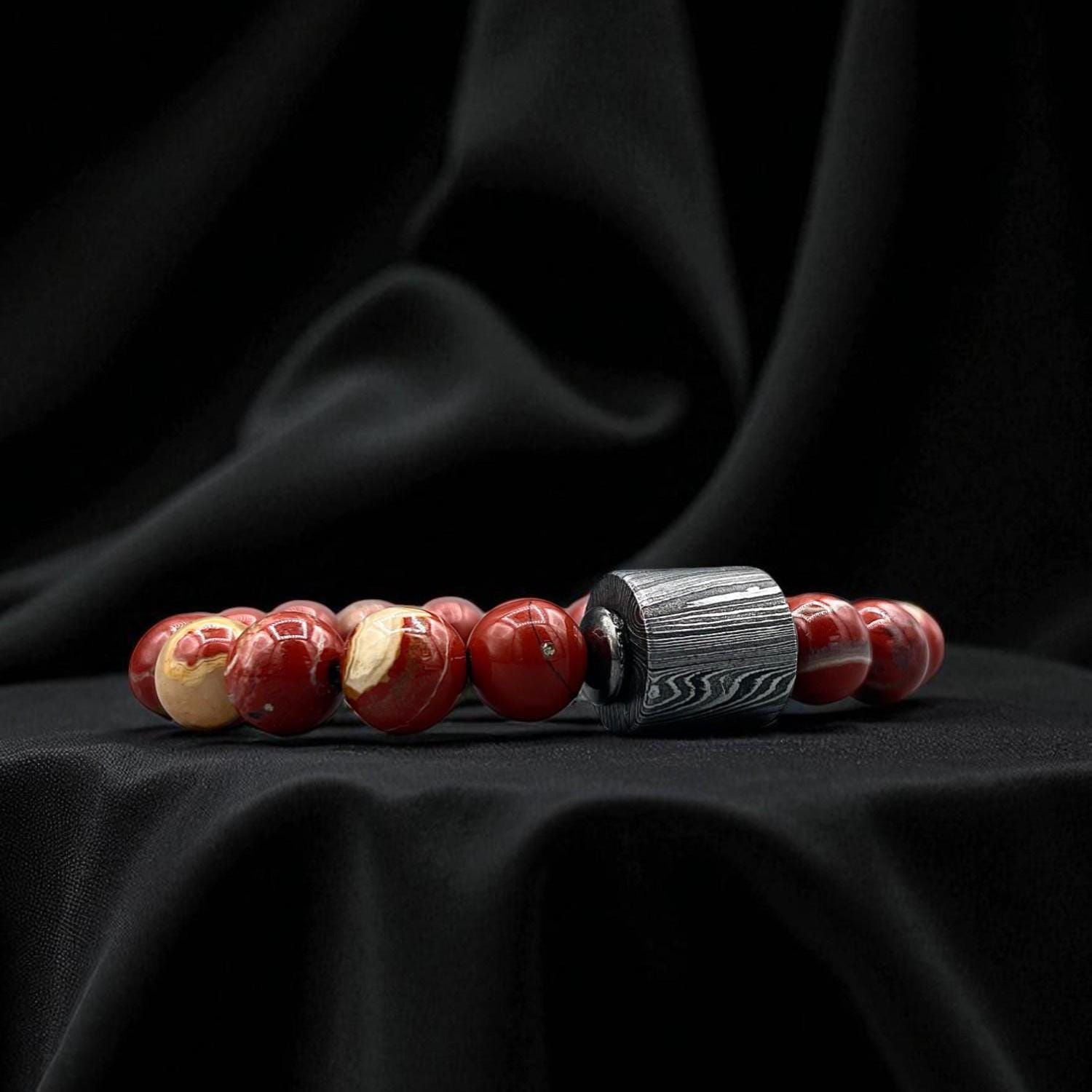 Red Chalcedony Bead Bracelet with Damascus Steel Barrel – Healing Crystal Jewelry with Gift Box.