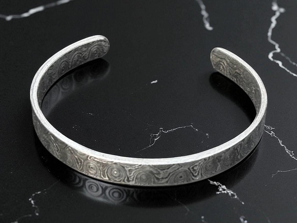 Hand Forged Damascus Steel Cuff Bracelet: Rustic Silver Swirl Design