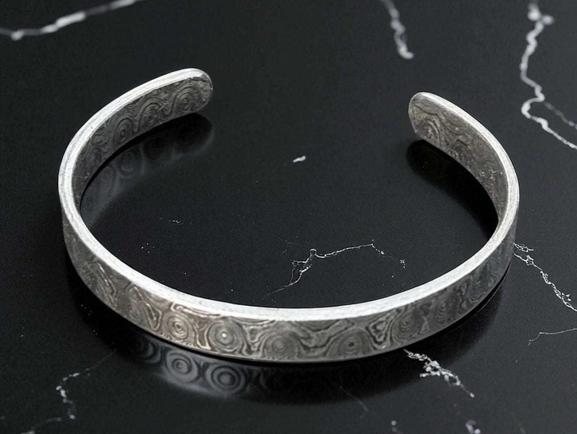 Hand Forged Damascus Steel Cuff Bracelet: Rustic Silver Swirl Design