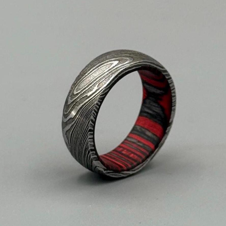 Damascus Steel Ring: Whiskey Barrel Wood Inlay, Mens Promise Ring