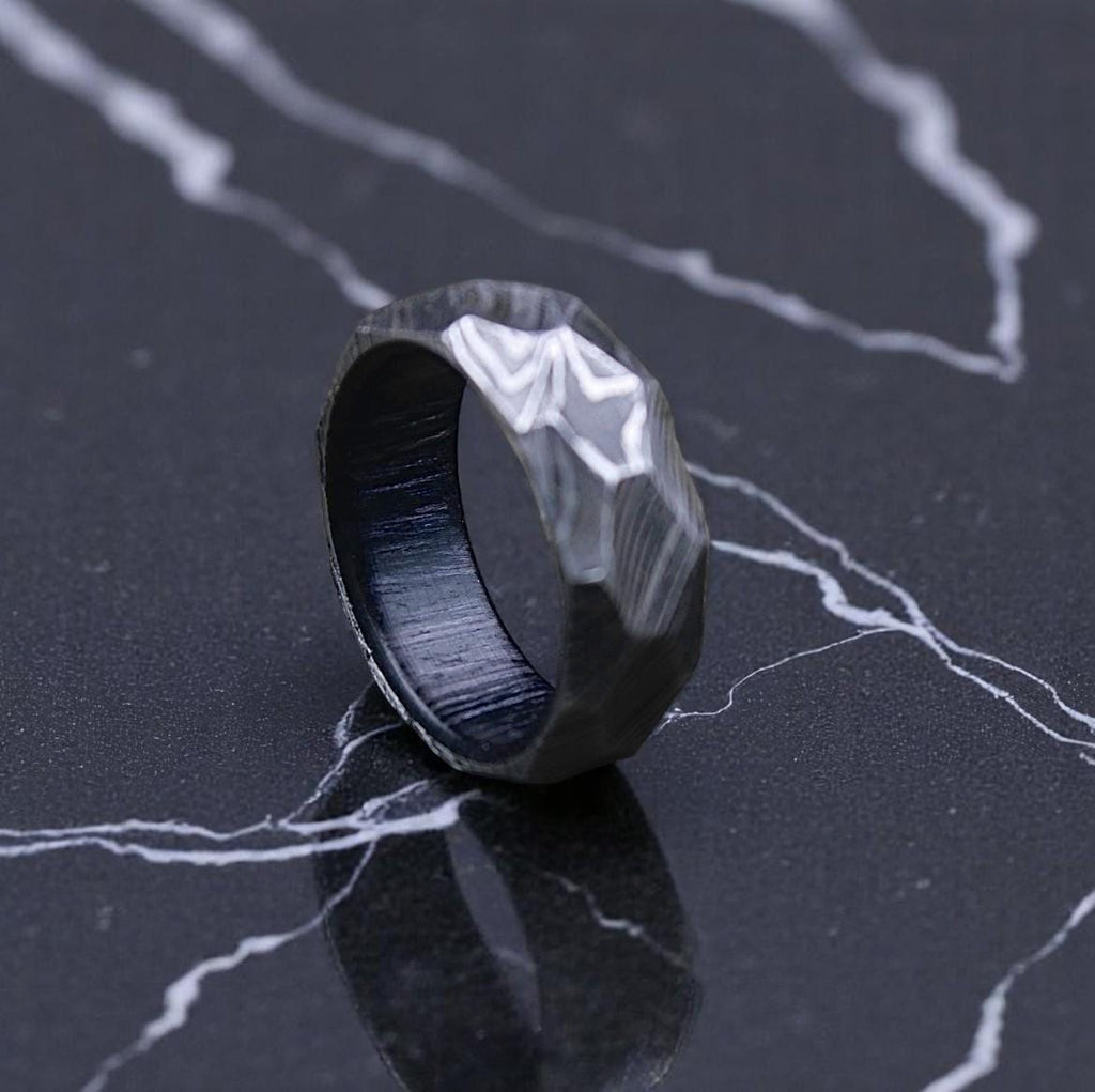 Faceted Damascus Steel Men's Ring: Rustic Wedding Band