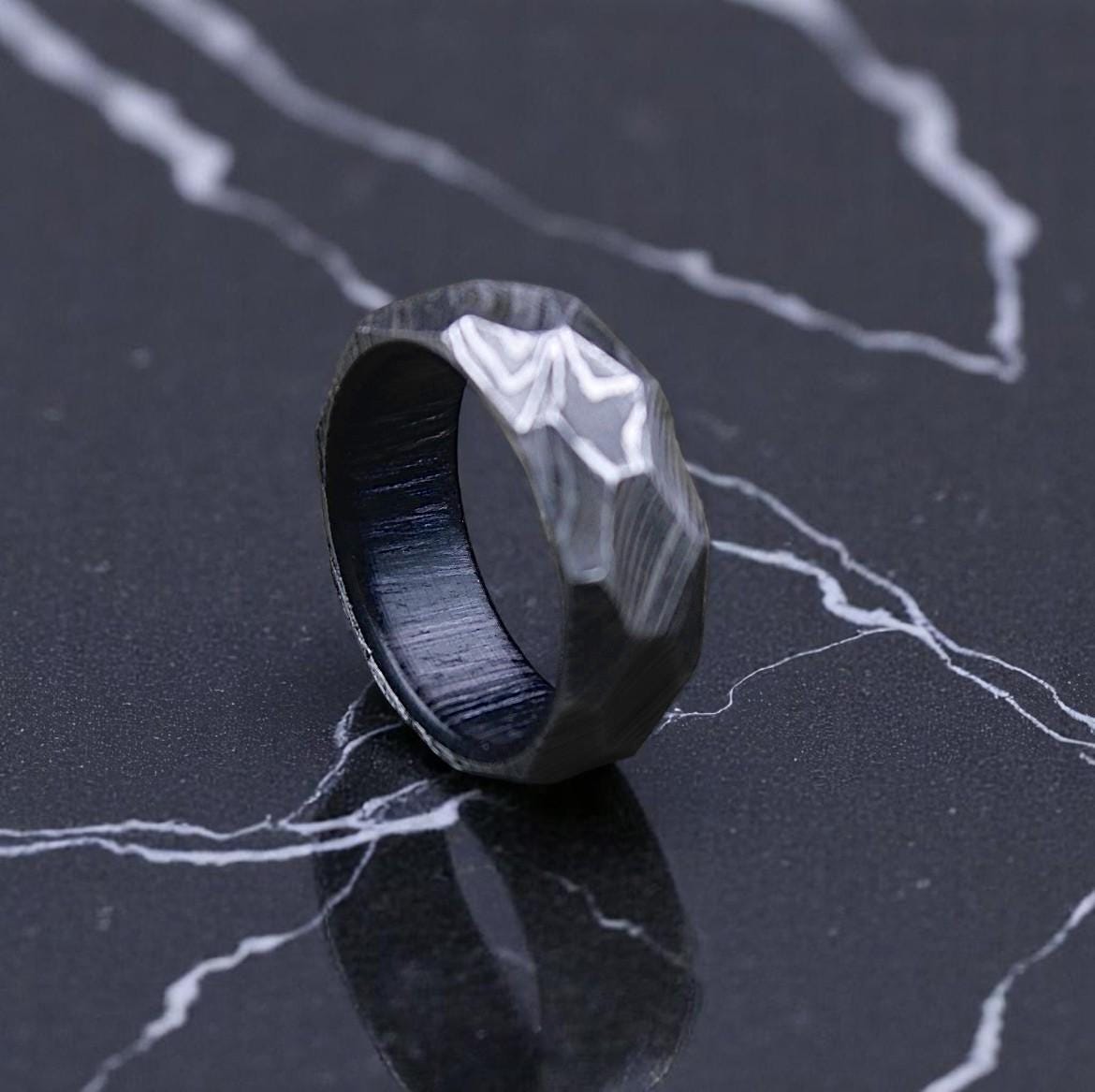 Faceted Damascus Steel Men's Ring: Rustic Wedding Band