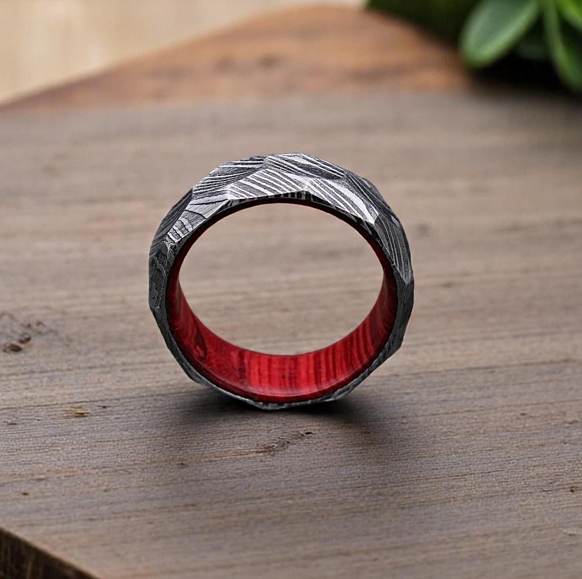 Rock Hammered Damascus Steel Ring: Diamond Cut Wood Wedding Band