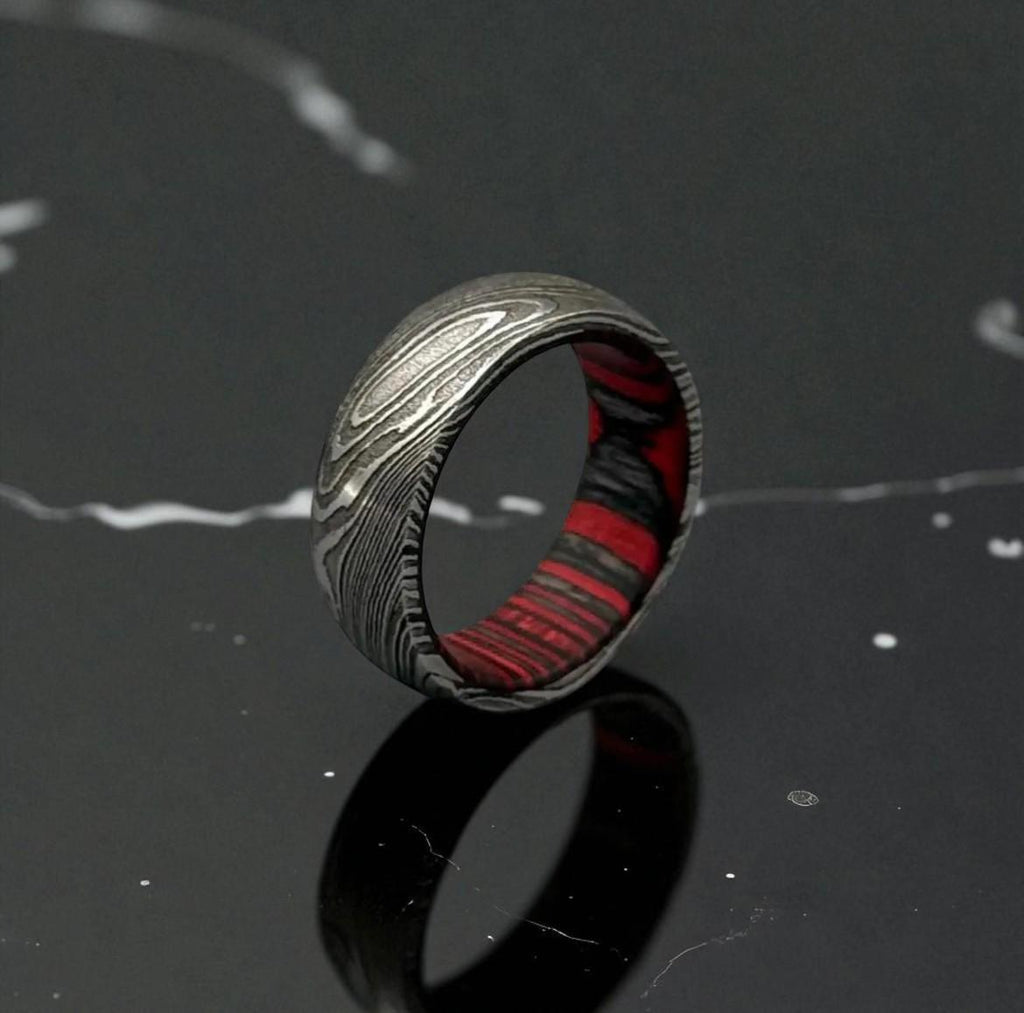 Damascus Steel Ring with Red Liner: Gothic Men's Wedding Band