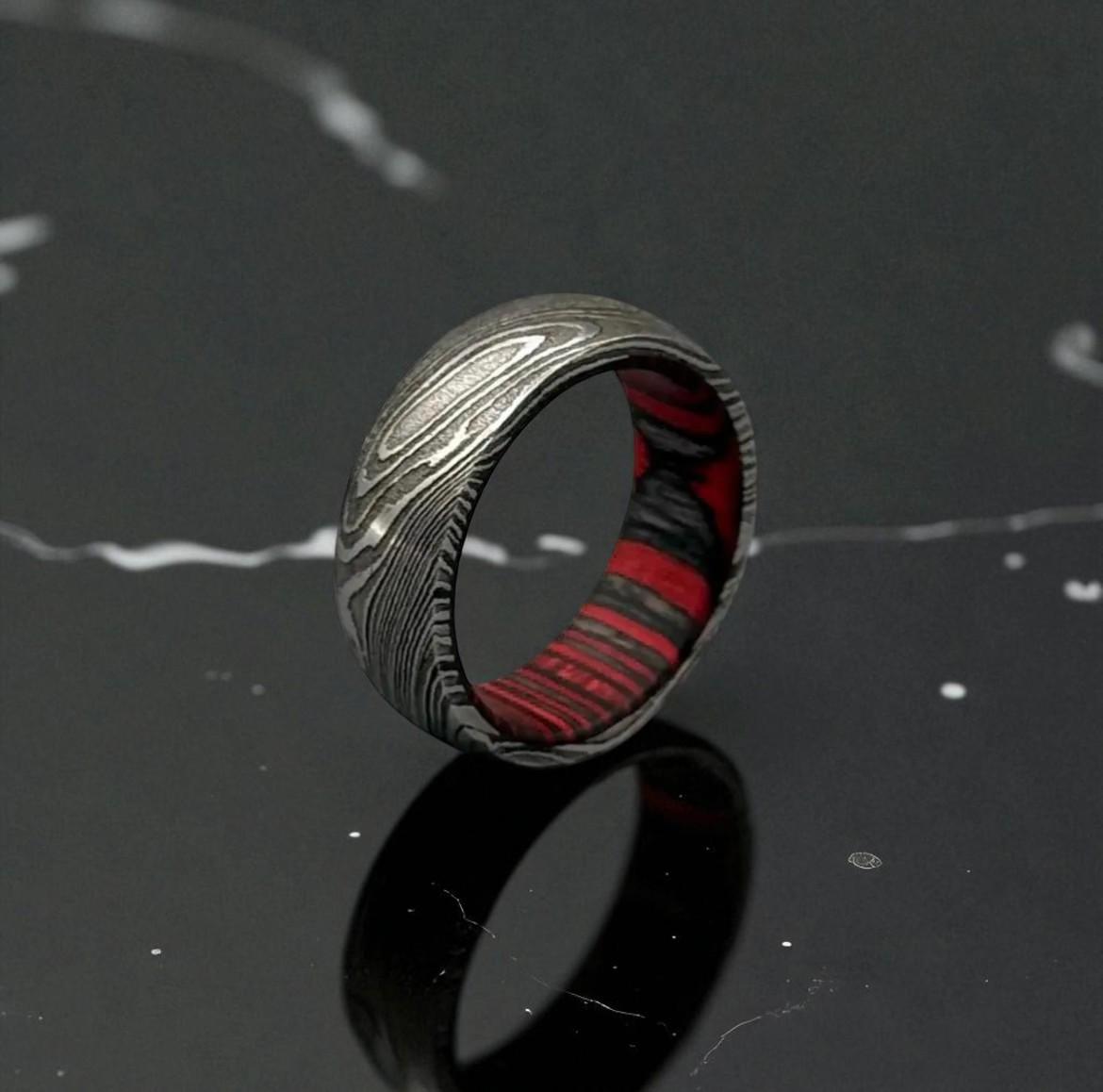 Damascus Steel Ring with Red Liner: Gothic Men's Wedding Band