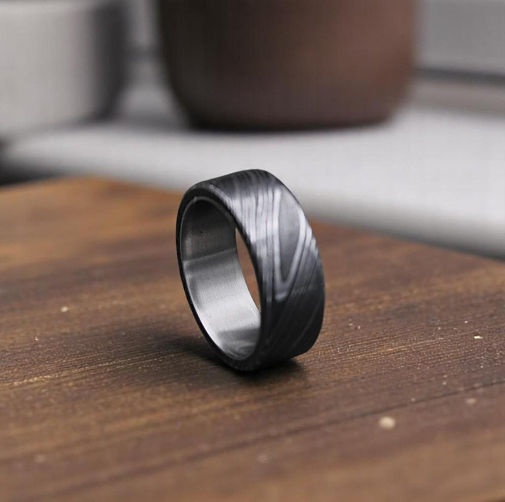 Hand Forged Damascus Steel Ring: Titanium Wood Wedding Band