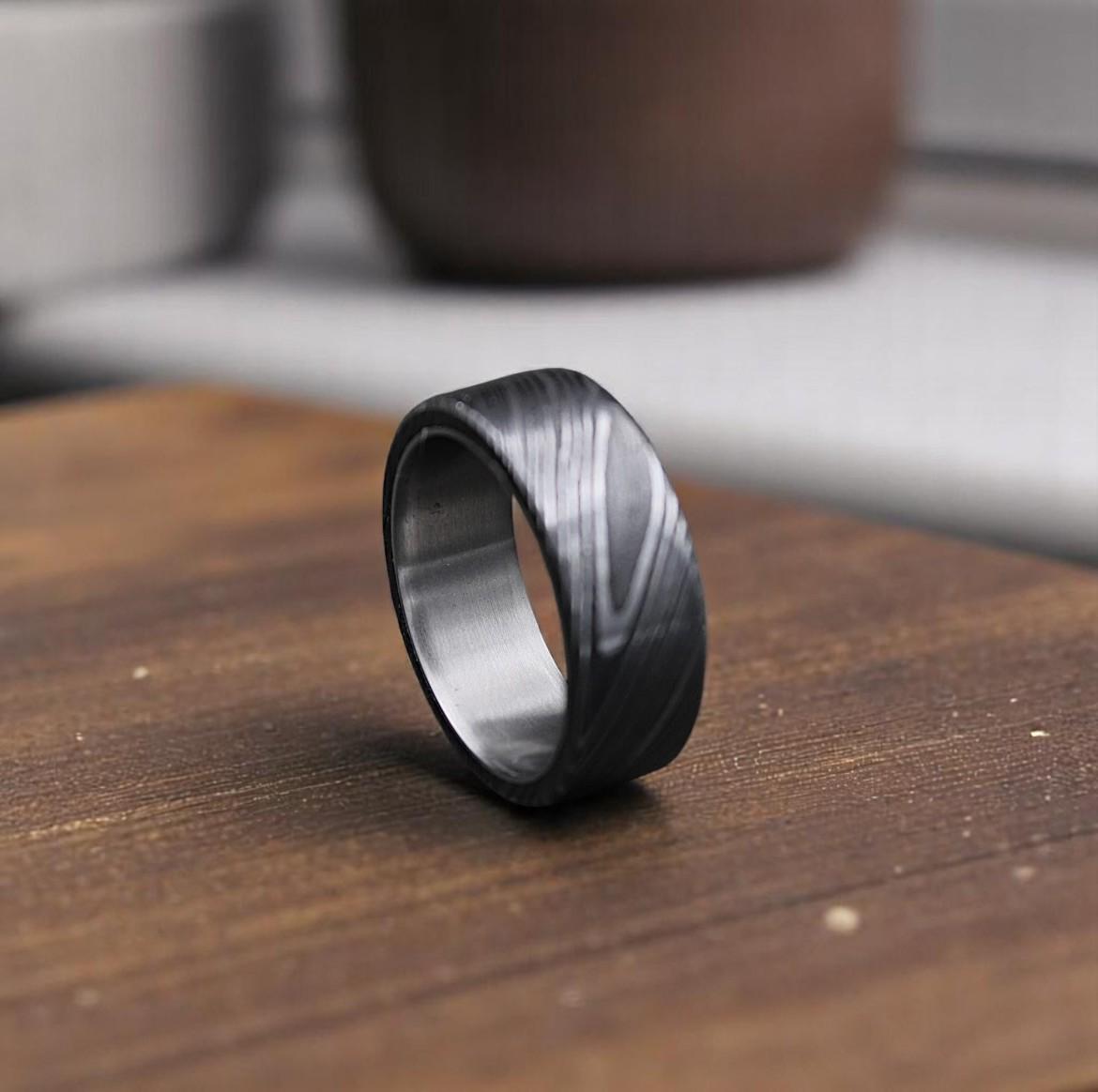 Hand Forged Damascus Steel Ring: Titanium Wood Wedding Band