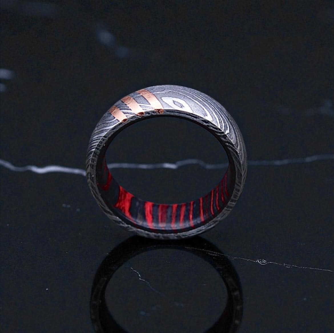 Damascus Steel Ring with Copper Inlay & Red Lining: Handmade Men's Wedding Band
