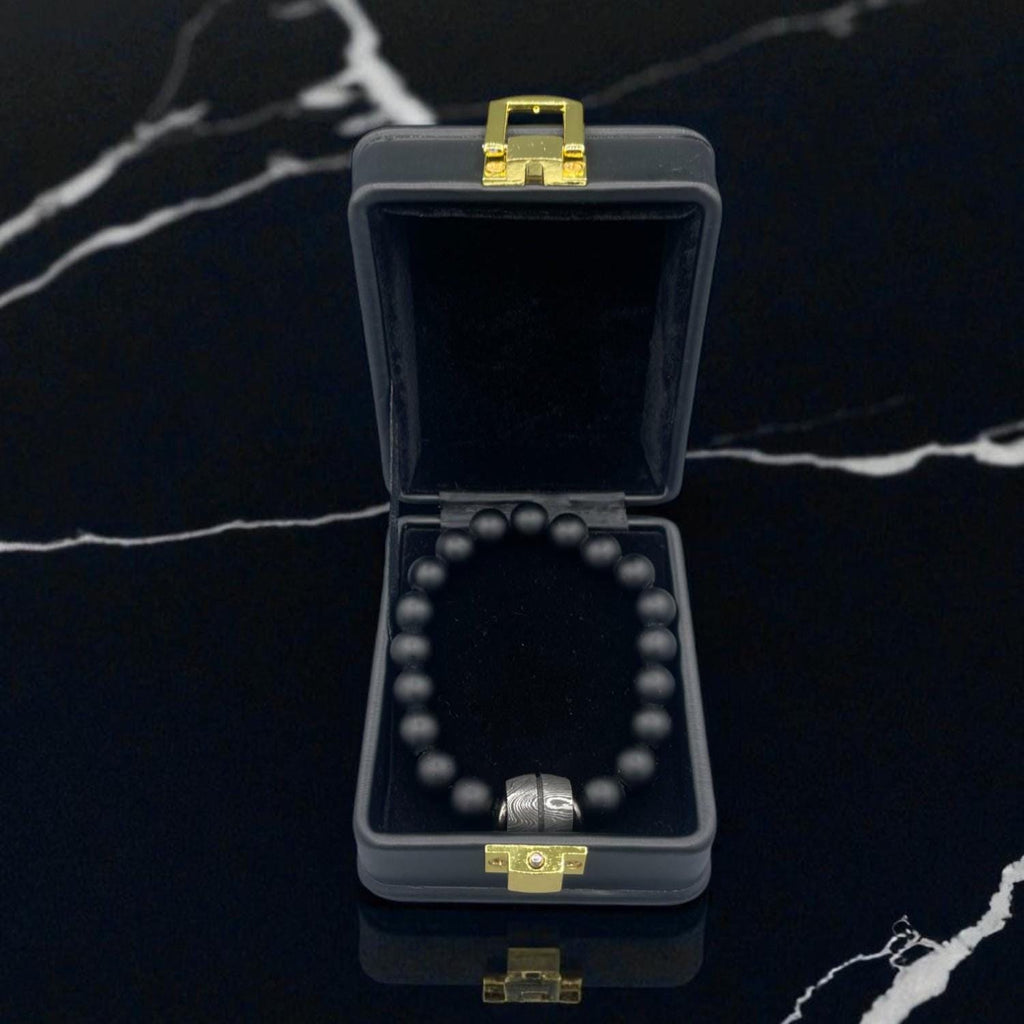 Black Onyx Bead Bracelet with Damascus Steel Barrel – Handmade Gemstone Jewelry with Gift Box.