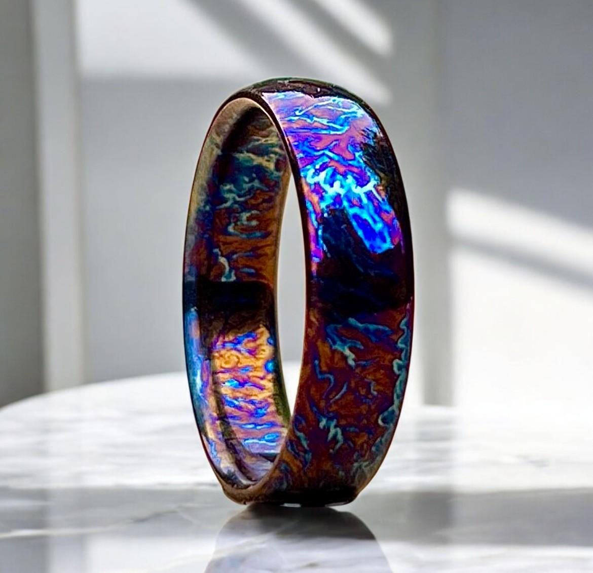 Unique Titanium Random Pattern Anniversary Gift For Her Personalized Gift Heat Anodized Handcrafted Titanium Colorful Titanium Ring For Men.