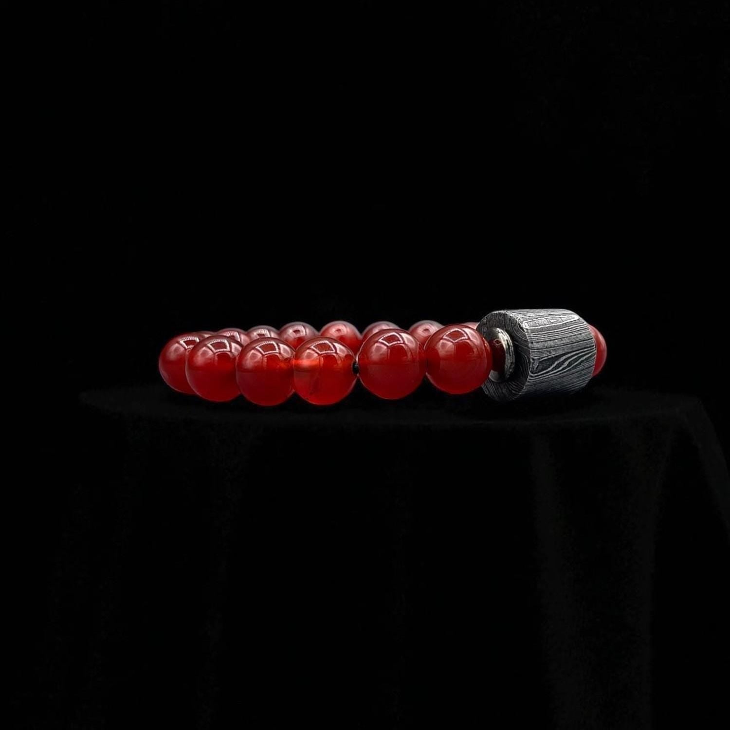 Red Jasper Bead Bracelet with Damascus Steel Barrel – Handmade Gemstone Jewelry with Gift Box.