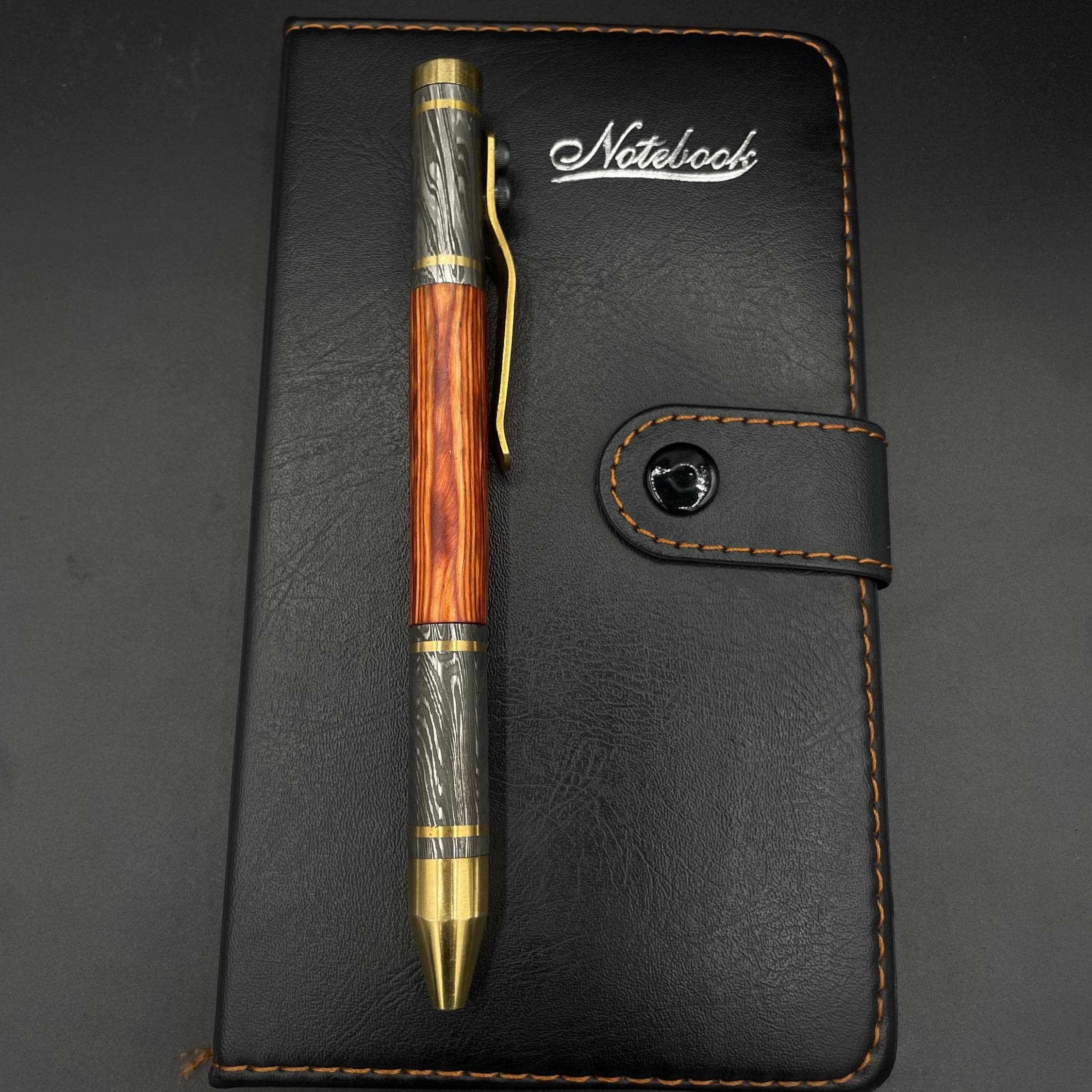 Handmade Damascus Steel & Wood Pen: Brass Accents, Luxury Writing Instrument
