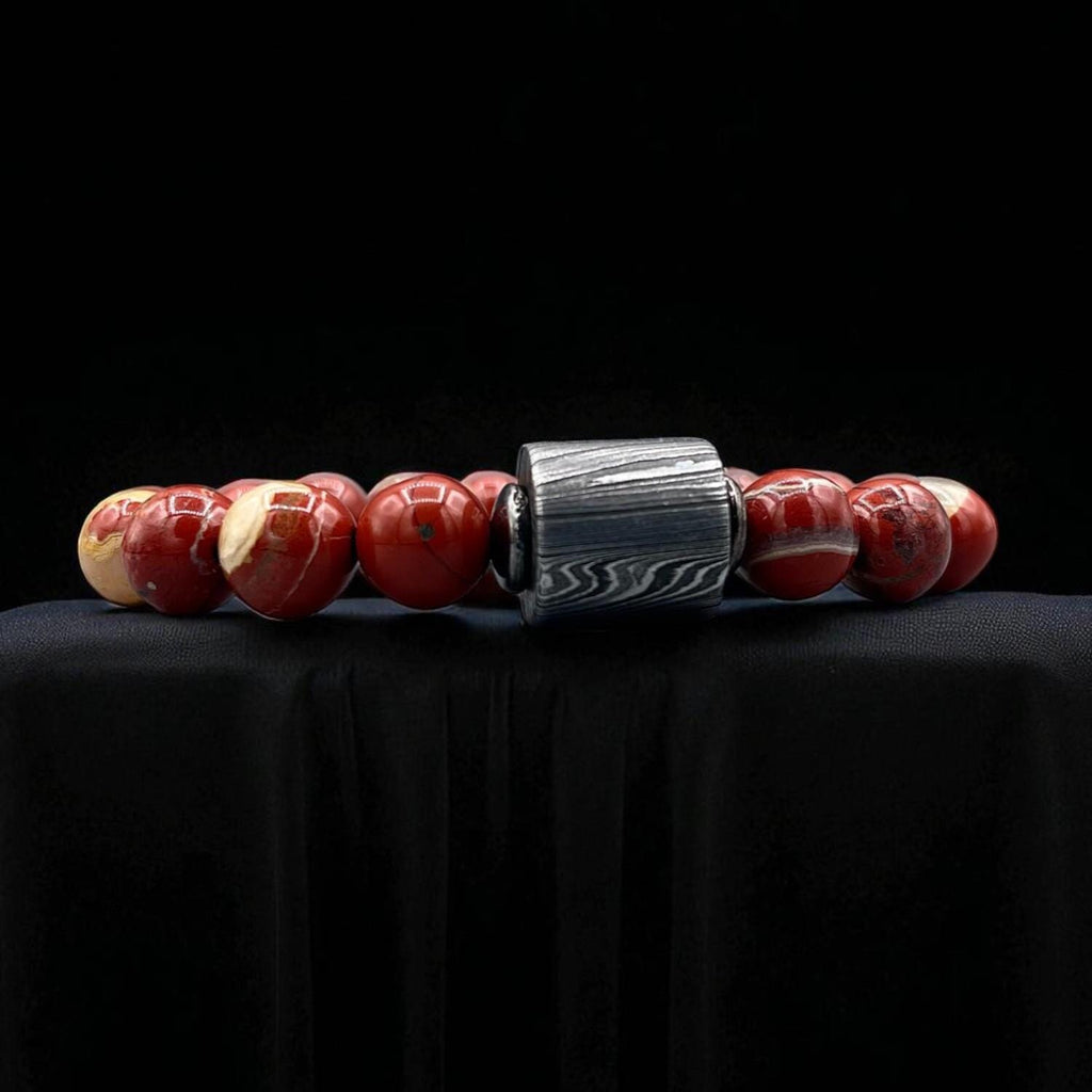 Red Chalcedony Bead Bracelet with Damascus Steel Barrel – Healing Crystal Jewelry with Gift Box.