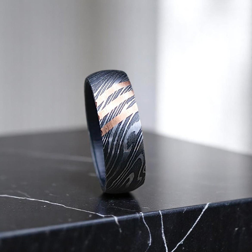Damascus Steel Ring with Whiskey Barrel Wood Inlay