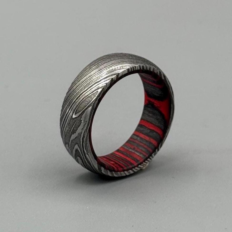 Damascus Steel Ring: Whiskey Barrel Wood Inlay, Mens Promise Ring