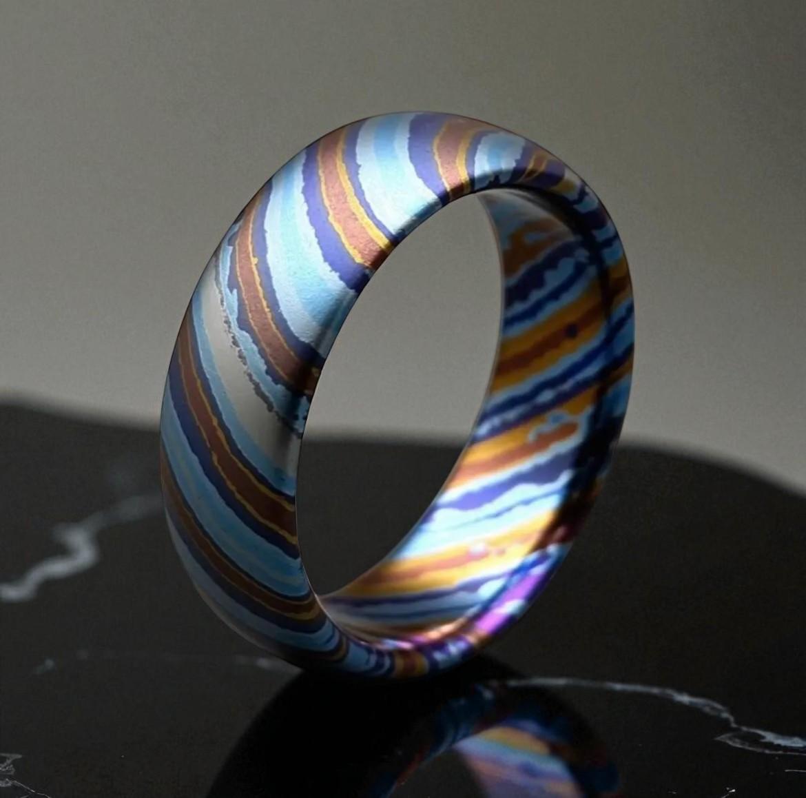 Handmade Zirconium Damascus Ring: Unique Black Wedding Band