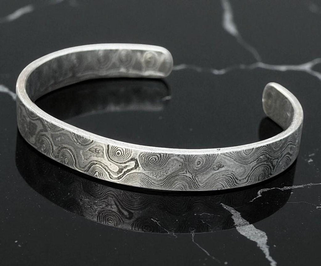 Hand Forged Damascus Steel Cuff Bracelet: Rustic Silver Swirl Design