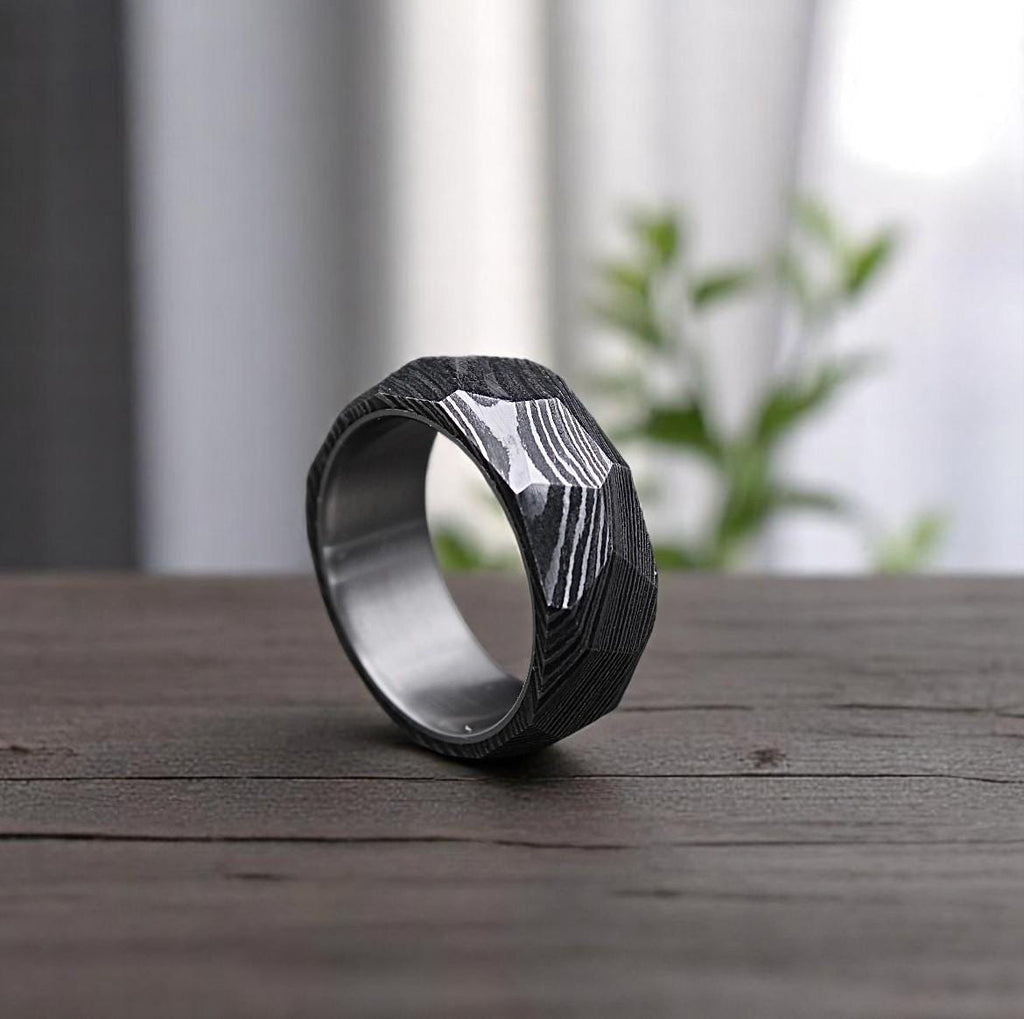 Damascus Steel Men's Ring: Rock Hammered Wedding Band