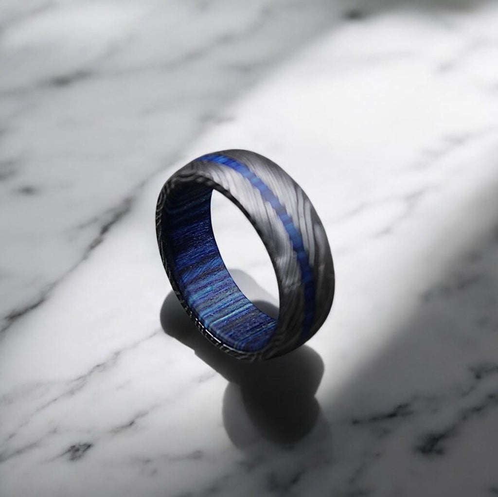 Damascus Steel Wedding Band: Whiskey Barrel Wood Inlay Ring
