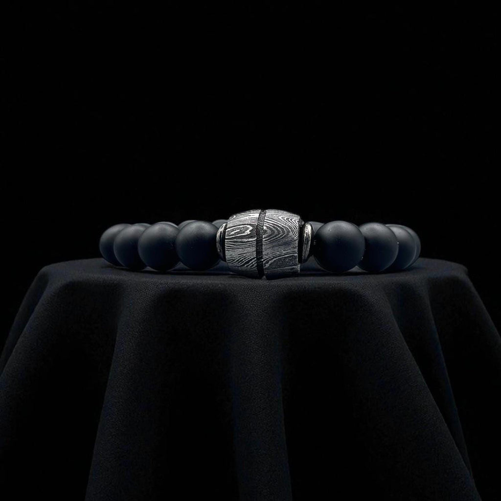 Black Onyx Bead Bracelet with Damascus Steel Barrel – Handmade Gemstone Jewelry with Gift Box.