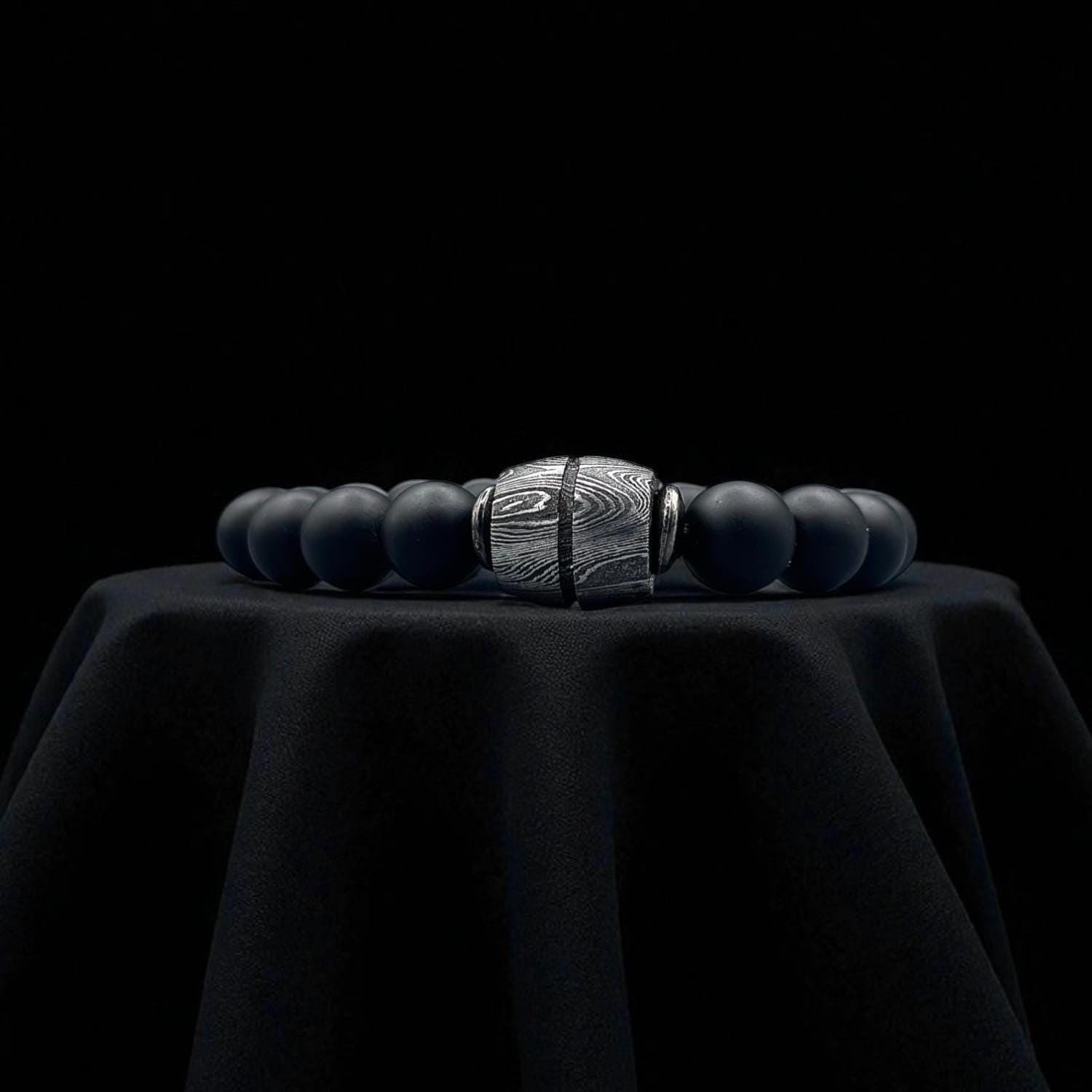 Black Onyx Bead Bracelet with Damascus Steel Barrel – Handmade Gemstone Jewelry with Gift Box.