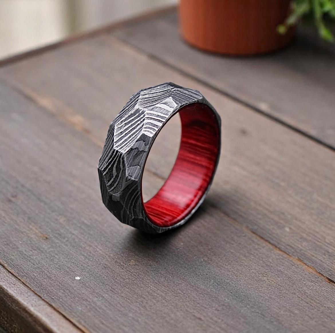 Rock Hammered Damascus Steel Ring: Diamond Cut Wood Wedding Band