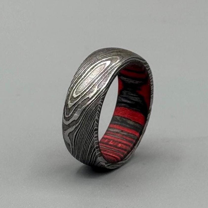 Damascus Steel Ring: Whiskey Barrel Wood Inlay, Mens Promise Ring