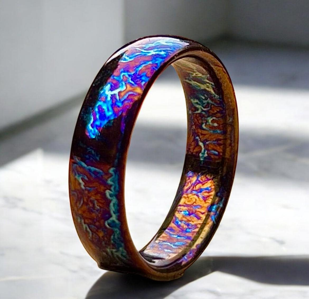 Unique Titanium Random Pattern Anniversary Gift For Her Personalized Gift Heat Anodized Handcrafted Titanium Colorful Titanium Ring For Men.
