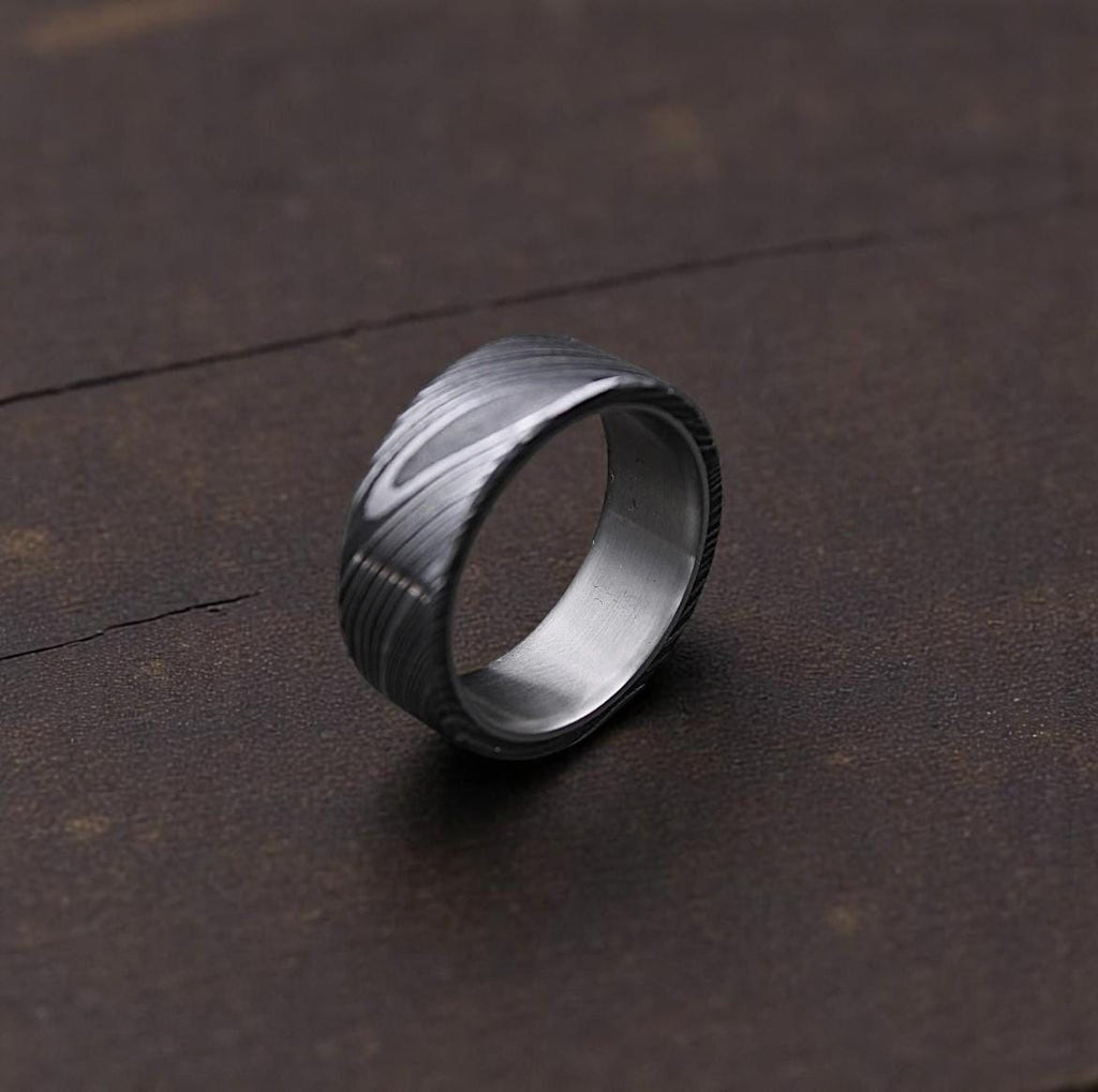 Hand Forged Damascus Steel Ring: Titanium Wood Wedding Band