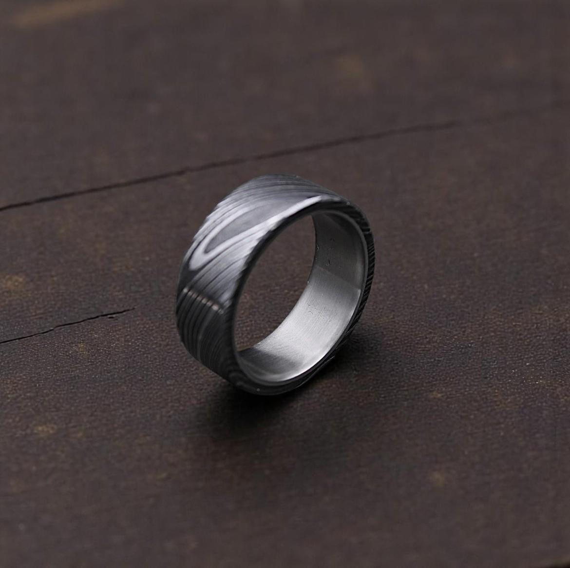 Hand Forged Damascus Steel Ring: Titanium Wood Wedding Band