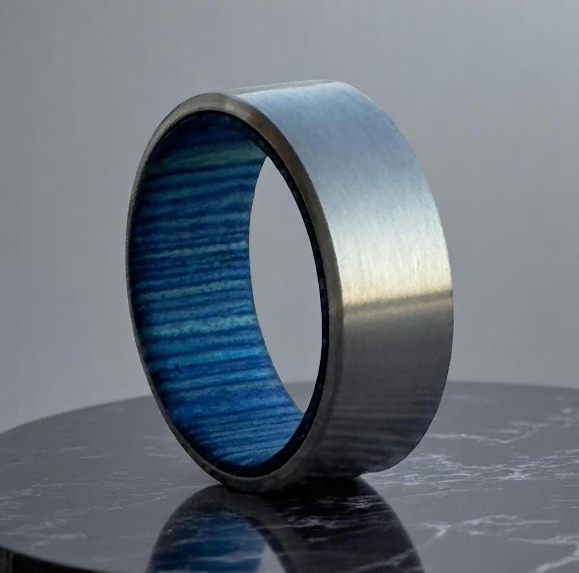 Blue Wood Inlay Titanium Ring: Handmade Brushed Silver Wedding Band