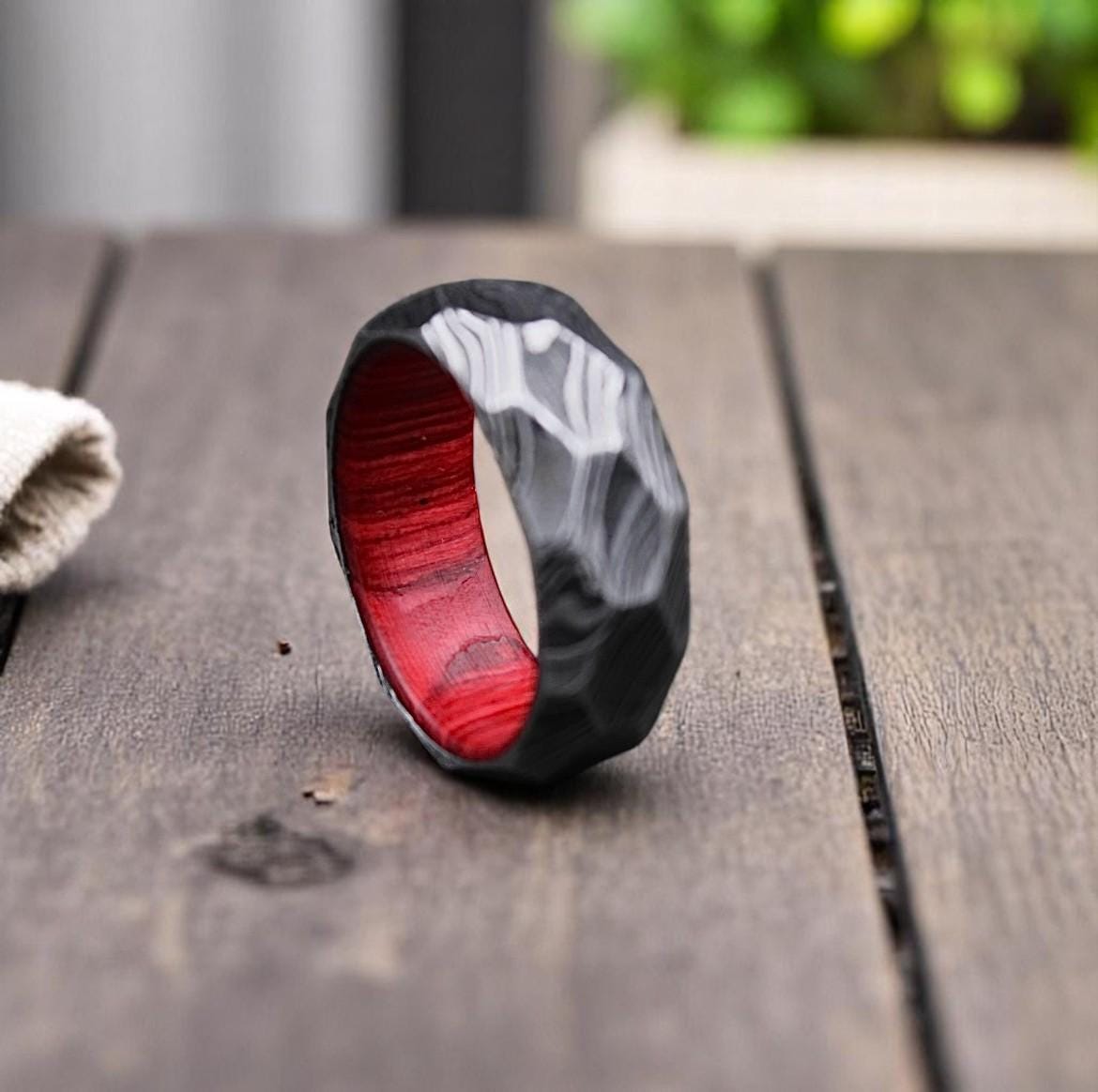 Rock Hammered Damascus Steel Ring: Diamond Cut Wood Wedding Band
