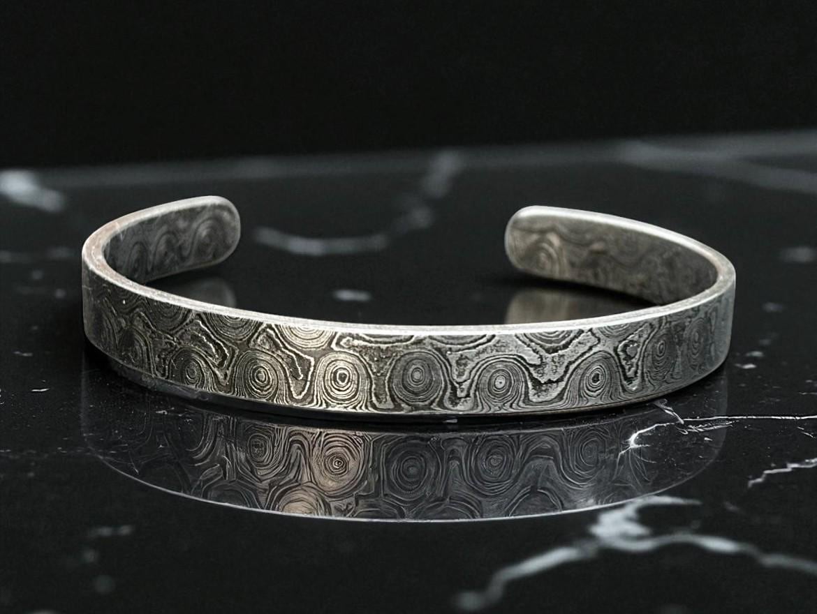 Hand Forged Damascus Steel Cuff Bracelet: Rustic Silver Swirl Design