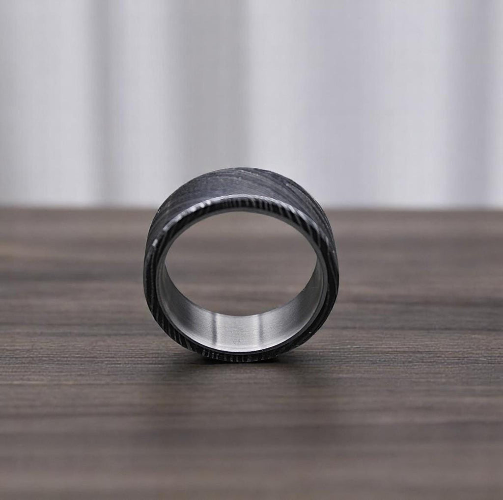 Hand Forged Damascus Steel Ring: Titanium Wood Wedding Band